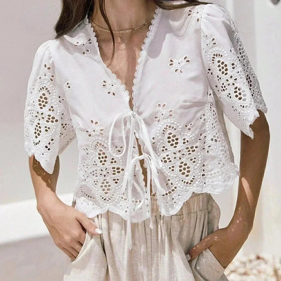 White Boho Women's Summer Ruffle Sleeve Embroidery Fabric Lace Up Short Top - Picture 4 of 6